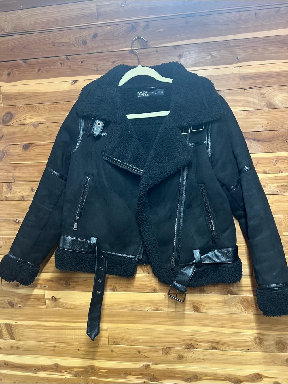 ZARA Black Faux Shearling Aviator Biker Jacket